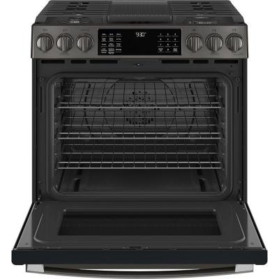 30" GE Profile 5.6 Cu. Ft. Slide-In Convection Gas Range With WiFi Connect In Black Stainless Steel - PCGS930BPTS