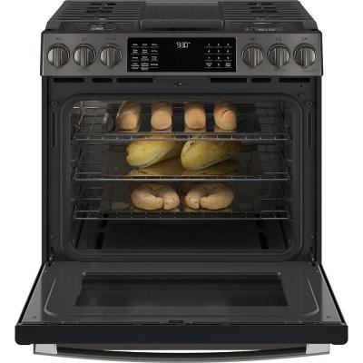 30" GE Profile 5.6 Cu. Ft. Slide-In Convection Gas Range With WiFi Connect In Black Stainless Steel - PCGS930BPTS
