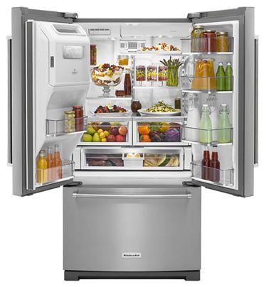 36" KitchenAid 26.8 Cu. Ft. Standard Depth French Door Refrigerator With Exterior Ice And Water and PrintShield Finish - KRFF507HPS